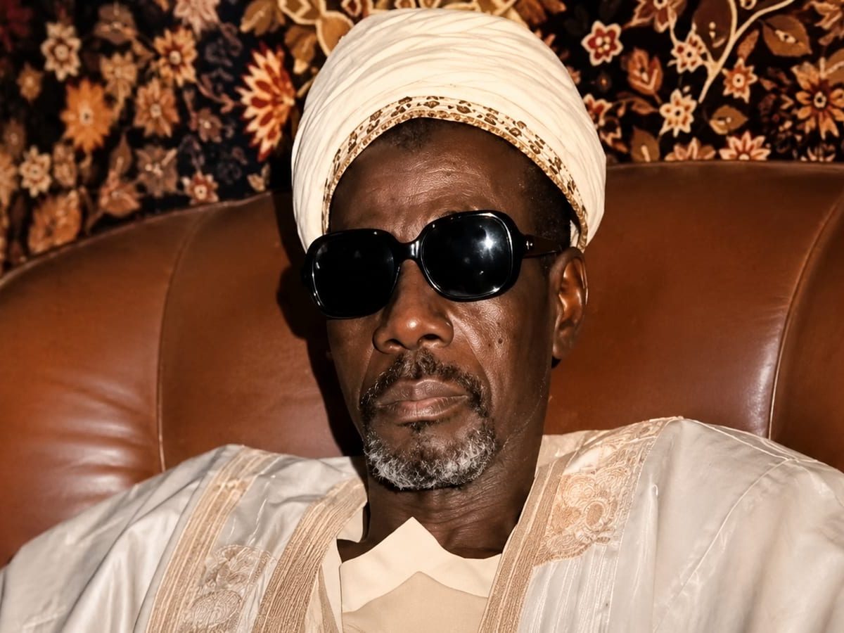 Le Professeur Delen, en boubou blanc et turban, chez lui